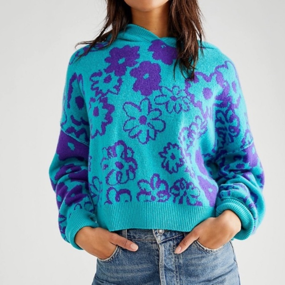 Free People Teal and Purple Floral Hooded Pullover Sweater - Picture 13 of 16